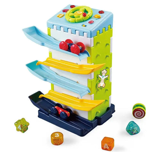 Tour Éducative 4-en-1 – Piste de Voitures, Volant Musical & Tri Formes (35 cm)