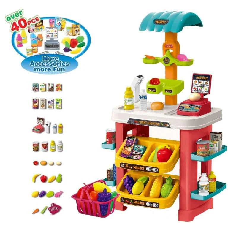 Stand Marché / Jouet Épicerie avec Caisse et Panier – Fruits & Légumes