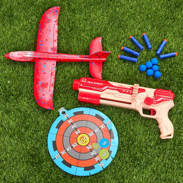 Pistolet Lance-Avion 2-en-1 avec Cible, Fléchettes et Balles Mousse – Jouet de Tir pour Enfant 6 Ans et +