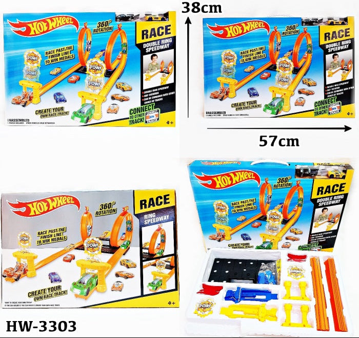 Le circuit Hot Wheels Double Ring Speedway est doté d'une double boucle permettant des figures acrobatiques à 360 degrés.