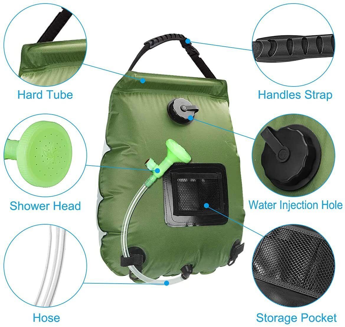 Douche Solaire Portable 20L – Sac de Douche Camping avec Pommeau & Tuyau