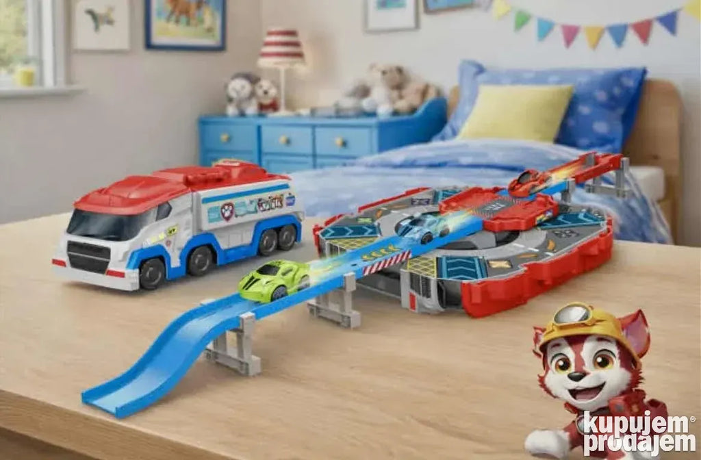 Le circuit de course de parking de HengHuo Toys (modèle MH2103) comprend un camion transporteur sur le thème des chiens et un circuit de course en spirale.