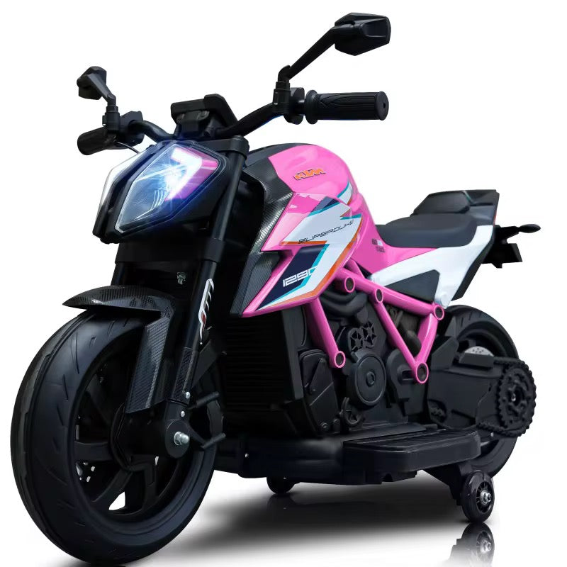 Moto Électrique KTM Sport licencié 12V avec LED, Musique et Roulettes Stabilatrices - rose