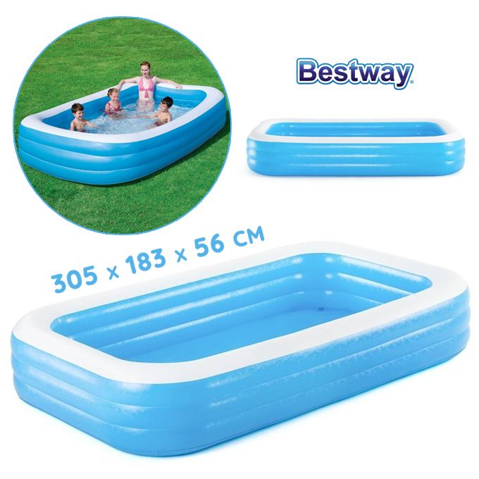 La piscine familiale rectangulaire bleue Bestway mesure 3,05 m x 1,83 m x 56 cm et possède de larges parois latérales pour une meilleure stabilité.