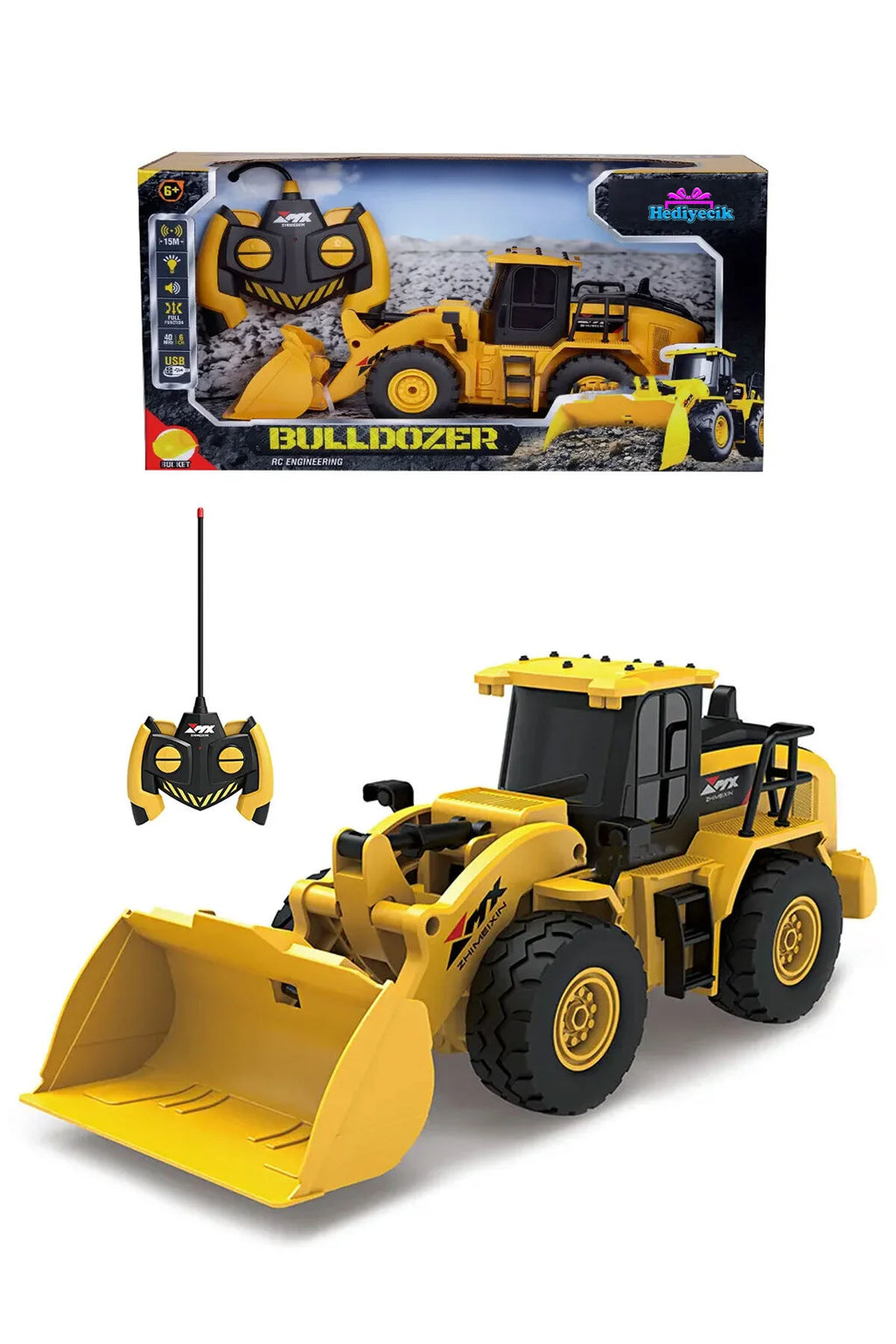 Bulldozer radiocommandé XMX Engineering, arborant une palette de couleurs jaune et noire.