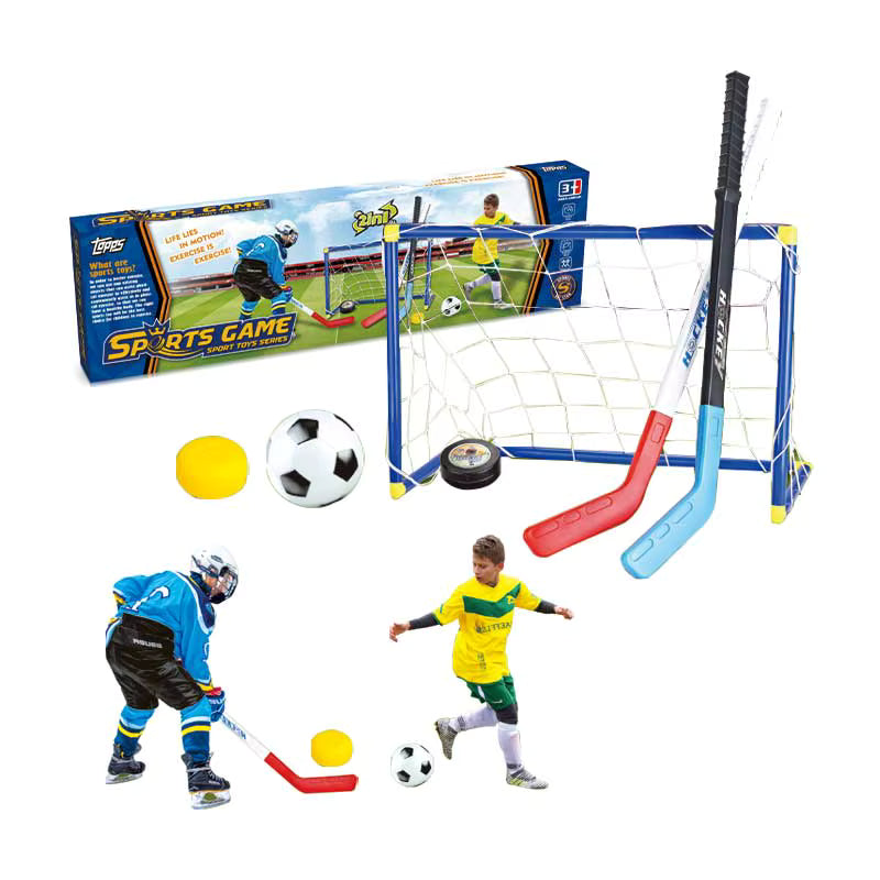 2-in-1 sports toy game set designed for both soccer and hockey.