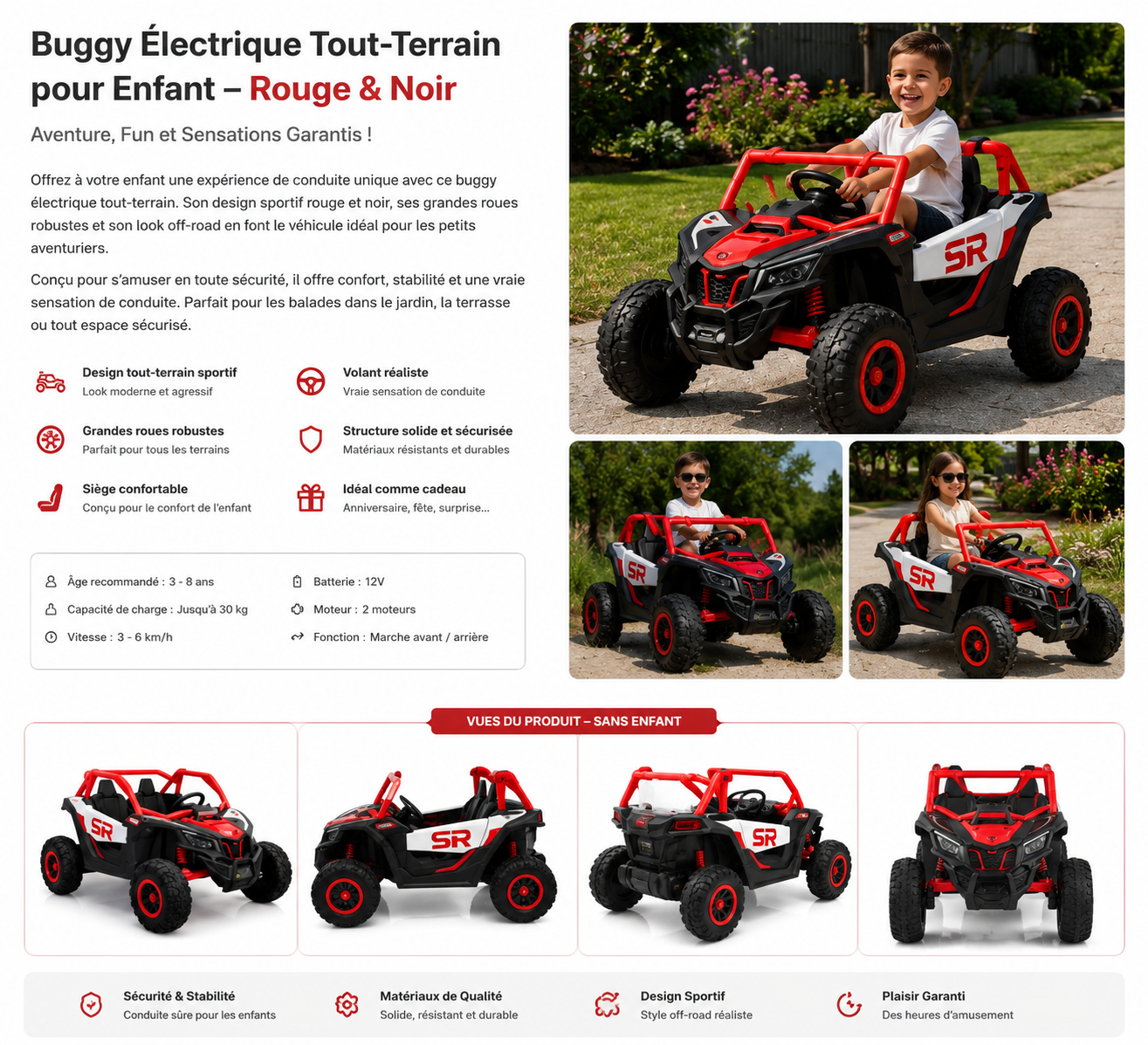 Voiture Électrique Enfant Buggy Rouge et Noir – Tout-Terrain, Grandes Roues & Style Aventure