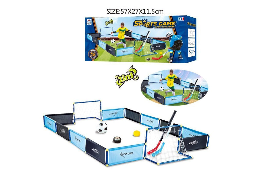 2-in-1 sports toy game set designed for both soccer and hockey.