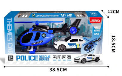 Le coffret Tachan « Police Rescue Series » comprend un hélicoptère bleu et une voiture de police blanche.