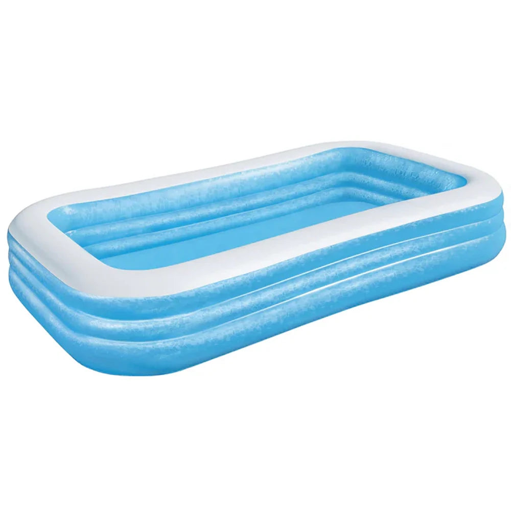 La piscine familiale rectangulaire bleue Bestway mesure 3,05 m x 1,83 m x 56 cm et possède de larges parois latérales pour une meilleure stabilité.