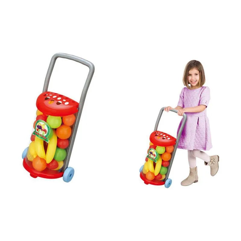 Le jouet DIY Fruit Cart de marque Happy Supermarket est livré avec un panier en plastique coloré et de faux accessoires de fruits.