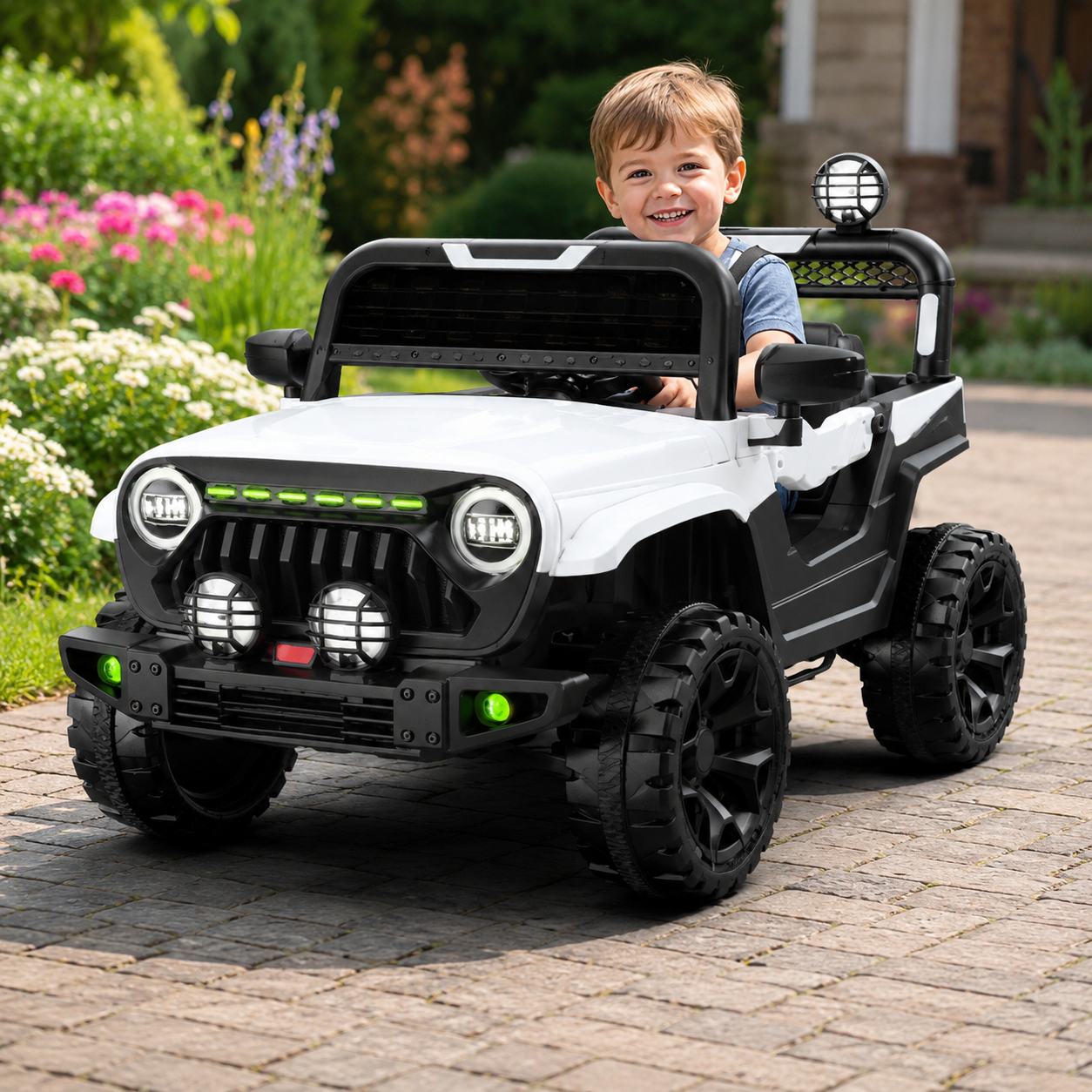 Voiture Électrique 4x4 Enfant Blanche – Jeep Tout-Terrain avec Grandes Roues