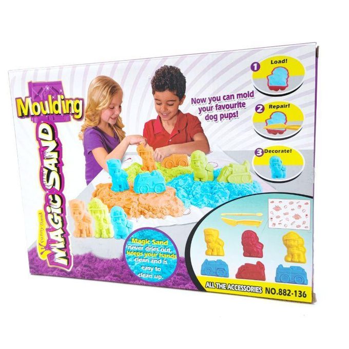 L'ensemble Toy Garden Moulding Magic Sand Dog Pups Edition comprend trois sables colorés et des moules spécialisés sur le thème des chiots.