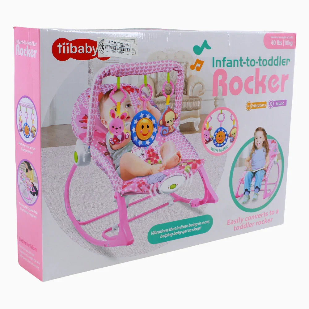 Infant-to-Toddler Rocker with a pink design and attached musical toys.