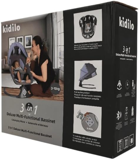 Kidilo Balancelle Évolutive 3-en-1 Deluxe Gris Élégant – Mouvement Latéral, Siège Inclinable, Moustiquaire, Bluetooth & Télécommande