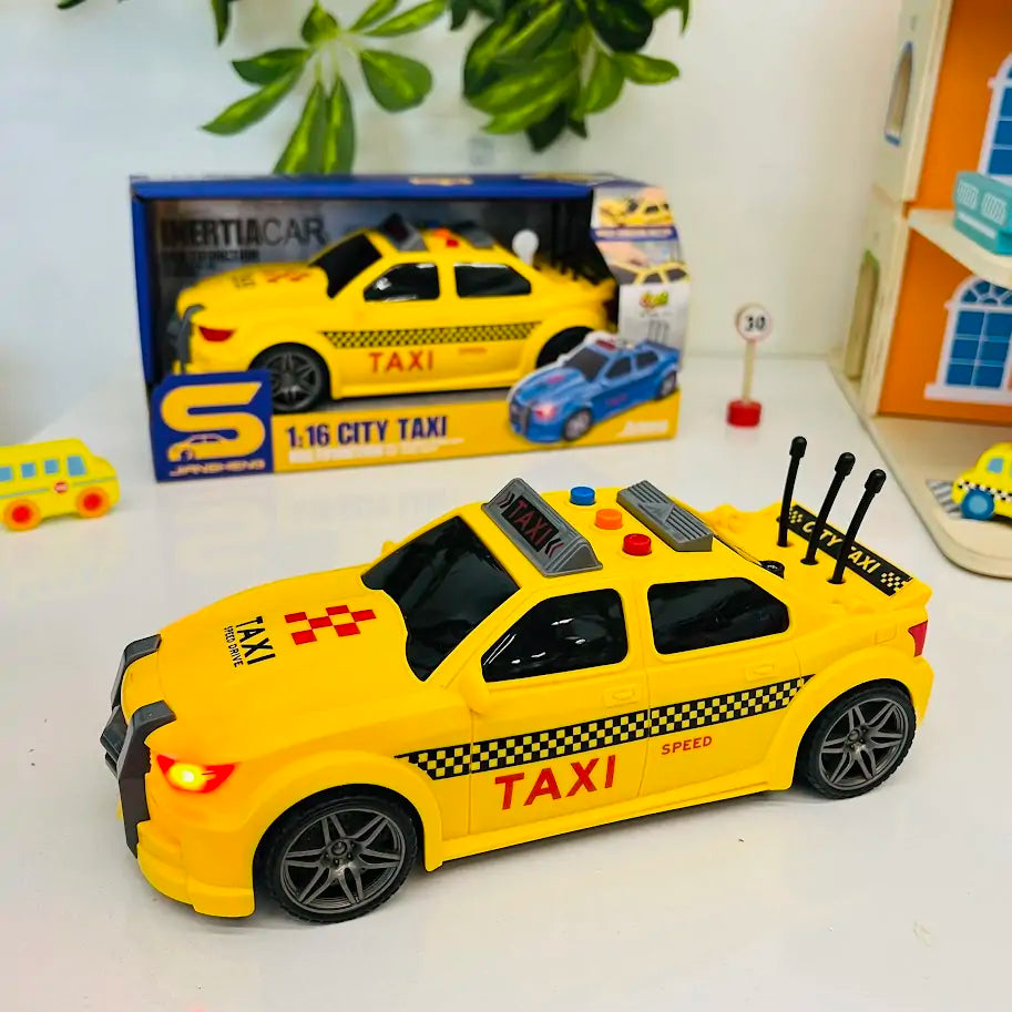 Voiture jouet à inertie de taxi urbain à l'échelle 1:16 de la marque Jiansheng, avec fonctions sonores et lumineuses.