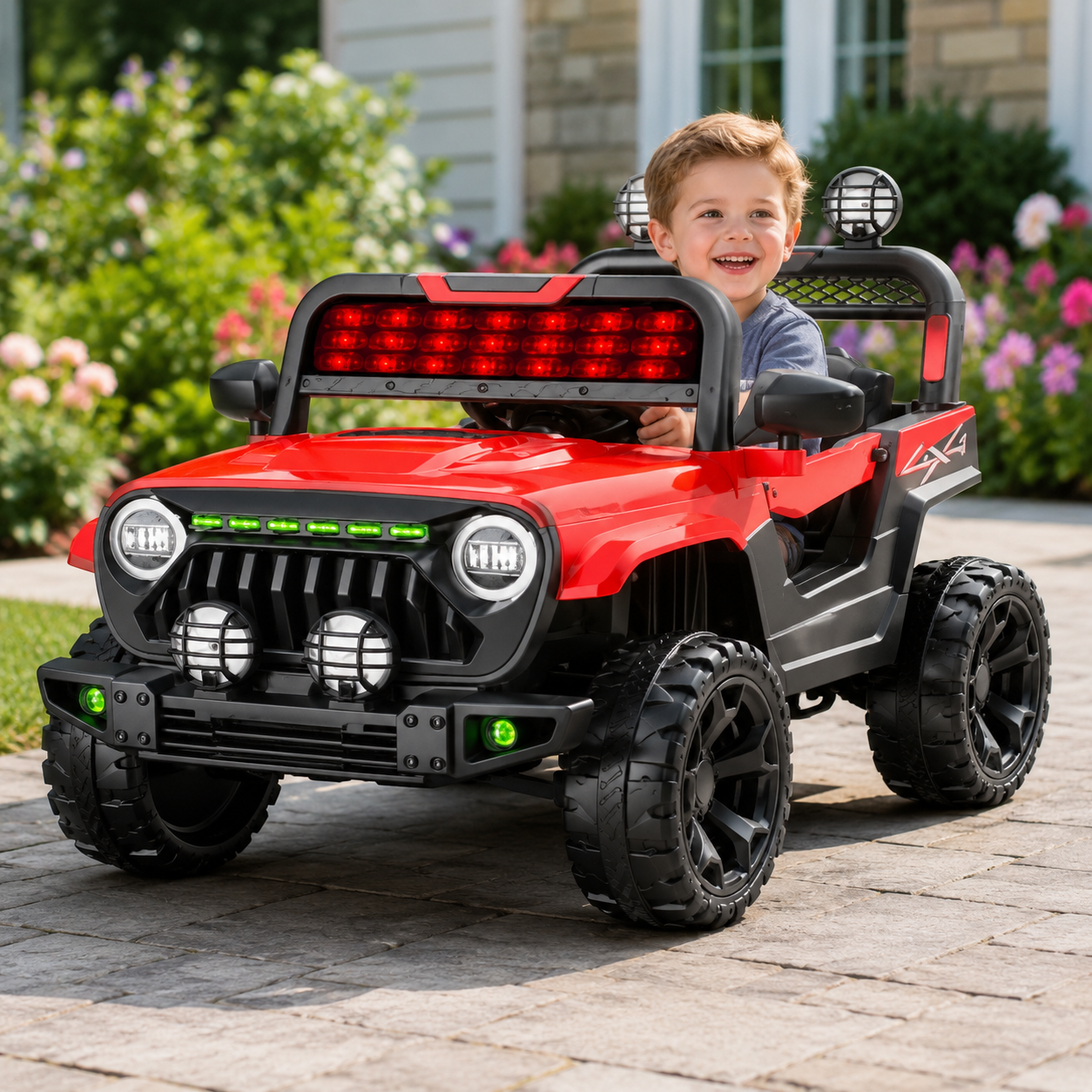 Voiture Électrique 4x4 Enfant Rouge – Style Jeep Tout-Terrain avec Lumières LED