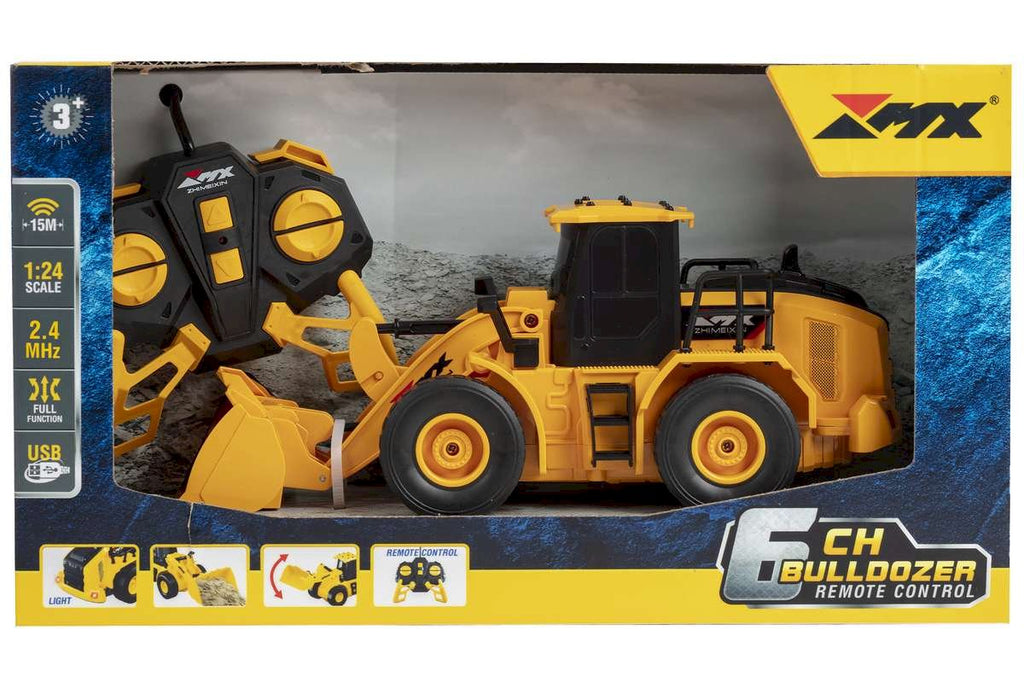 Bulldozer radiocommandé XMX Engineering, arborant une palette de couleurs jaune et noire.