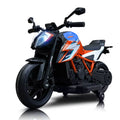 Moto Électrique KTM Sport licencié 12V avec LED, Musique et Roulettes Stabilatrices - orange et bleu
