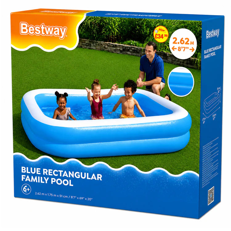 La piscine familiale rectangulaire bleue Bestway mesure 2,62 m x 1,75 m x 51 cm et est fabriquée en vinyle résistant avec de larges parois latérales pour une meilleure stabilité.