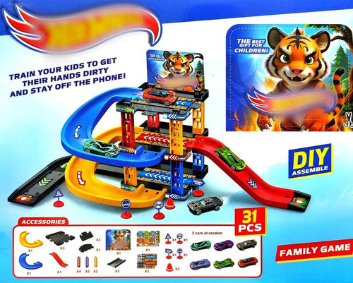 Coffret de jeu Hot Wheels « Jeu familial » à plusieurs niveaux, comprenant un garage et un thème tigre.