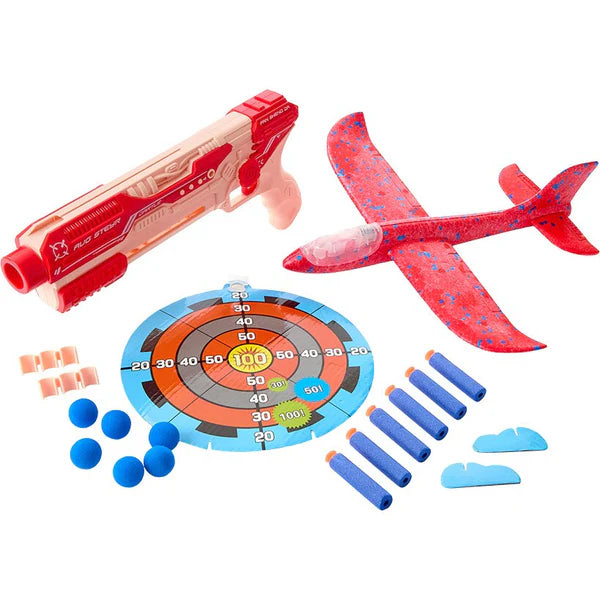 Pistolet Lance-Avion 2-en-1 avec Cible, Fléchettes et Balles Mousse – Jouet de Tir pour Enfant 6 Ans et +