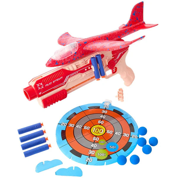 Pistolet Lance-Avion 2-en-1 avec Cible, Fléchettes et Balles Mousse – Jouet de Tir pour Enfant 6 Ans et +