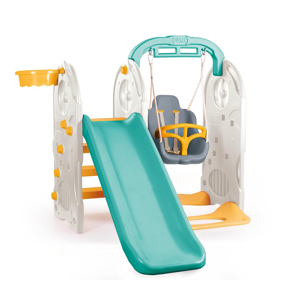 Cet ensemble de jeux de jardin DOLU 4 en 1 pour enfants comprend un toboggan bleu, une balançoire et une structure d'escalade aux couleurs vives.
