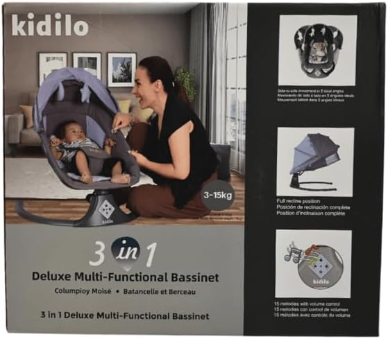 Kidilo Balancelle Évolutive 3-en-1 Deluxe Gris Élégant – Mouvement Latéral, Siège Inclinable, Moustiquaire, Bluetooth & Télécommande