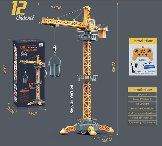 Grue à tour télécommandée INV, grue de chantier 6 canaux 2,4 GHz, radiocommandée de 128 cm de haut, grue élévatrice pour enfants avec tour et télécommande (Tour A)