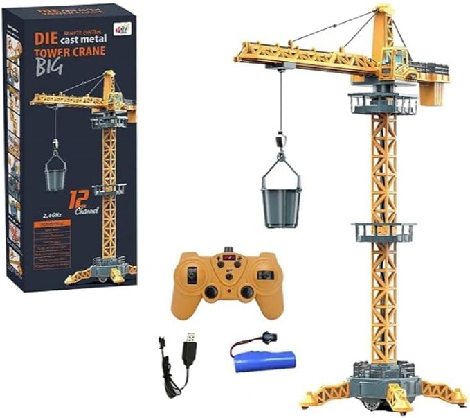 Grue à tour télécommandée INV, grue de chantier 6 canaux 2,4 GHz, radiocommandée de 128 cm de haut, grue élévatrice pour enfants avec tour et télécommande (Tour A)