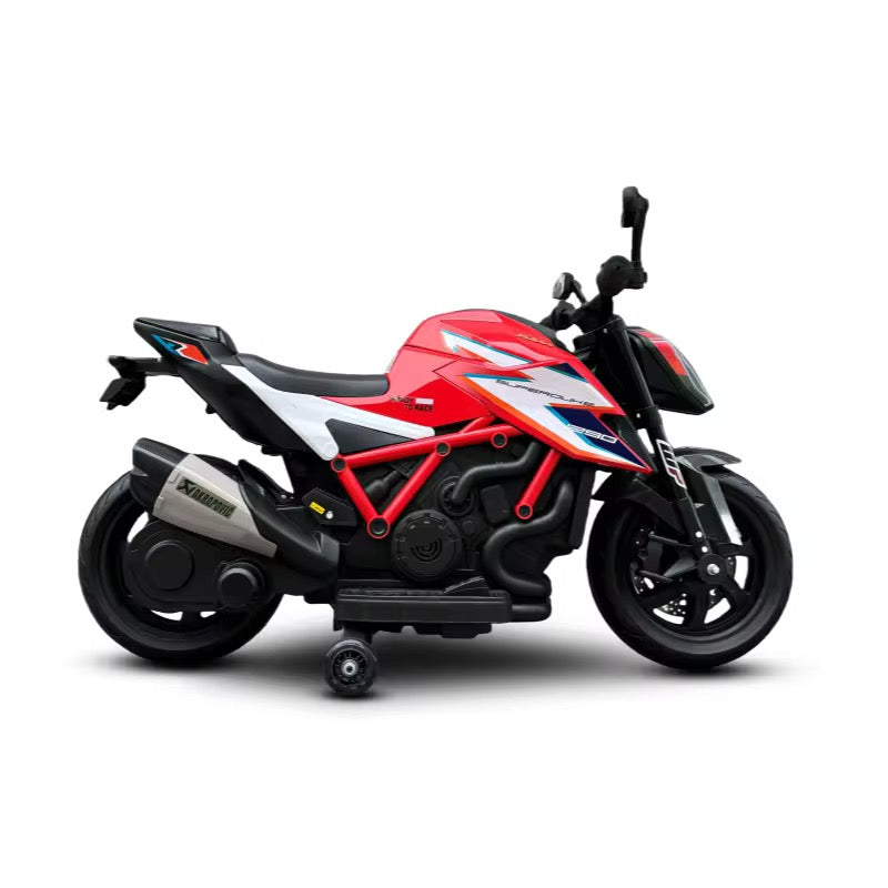 Moto Électrique KTM Sport licencié 12V avec LED, Musique et Roulettes Stabilatrices - Rouge