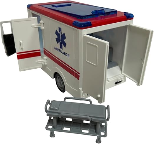 Ambulance Jouet avec Lumières Sons Sirènes Portes et Toit Ouvrables Mouvement Embrayage Grande Échelle 1:16 cm 26 Premiers Soins avec Lumière Sons Civière Amovible Enfants