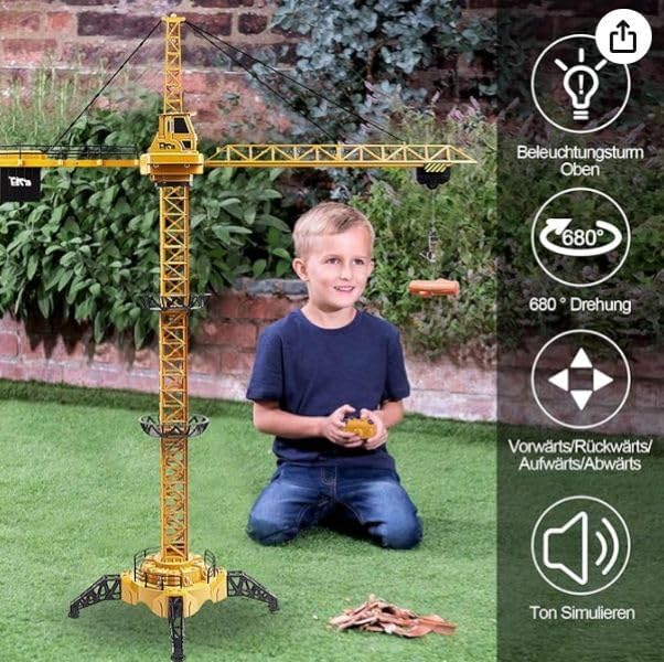Grue à tour télécommandée INV, grue de chantier 6 canaux 2,4 GHz, radiocommandée de 128 cm de haut, grue élévatrice pour enfants avec tour et télécommande (Tour A)
