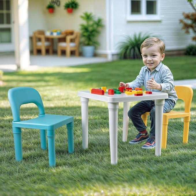 Dolu Toys "Study Time" plastic table and two chairs set in blue and yellow.