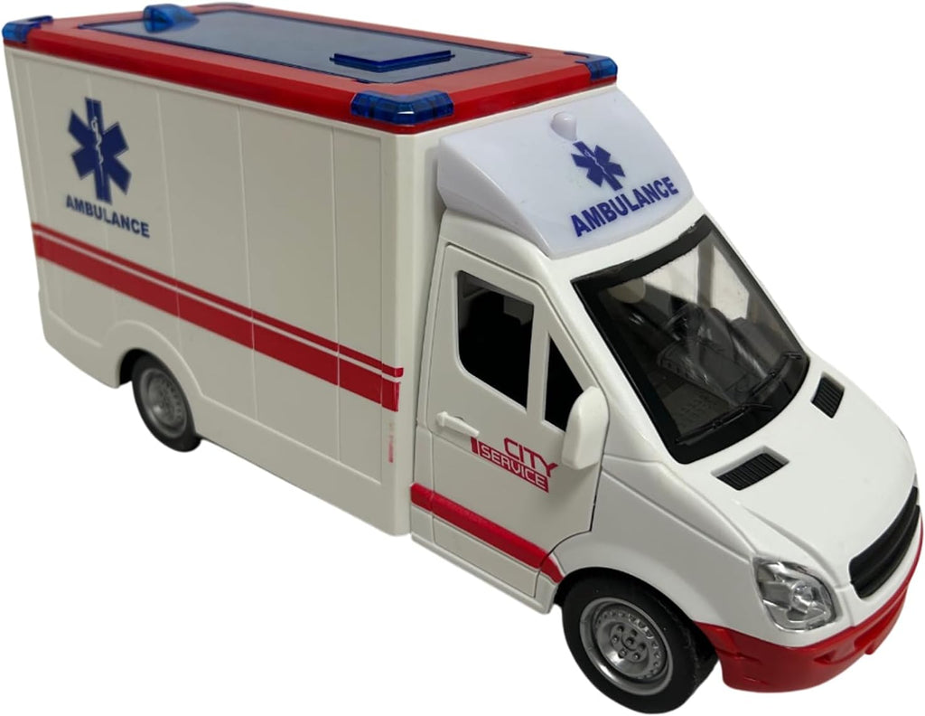 Ambulance Jouet avec Lumières Sons Sirènes Portes et Toit Ouvrables Mouvement Embrayage Grande Échelle 1:16 cm 26 Premiers Soins avec Lumière Sons Civière Amovible Enfants