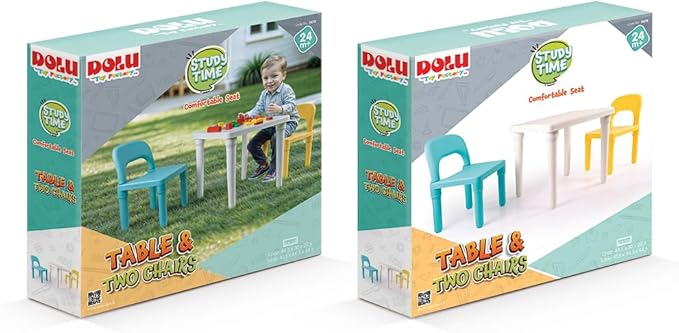 Dolu Toys "Study Time" plastic table and two chairs set in blue and yellow.