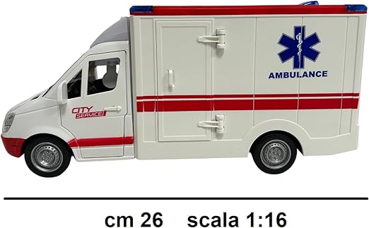 Ambulance Jouet avec Lumières Sons Sirènes Portes et Toit Ouvrables Mouvement Embrayage Grande Échelle 1:16 cm 26 Premiers Soins avec Lumière Sons Civière Amovible Enfants