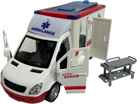 Ambulance Jouet avec Lumières Sons Sirènes Portes et Toit Ouvrables Mouvement Embrayage Grande Échelle 1:16 cm 26 Premiers Soins avec Lumière Sons Civière Amovible Enfants