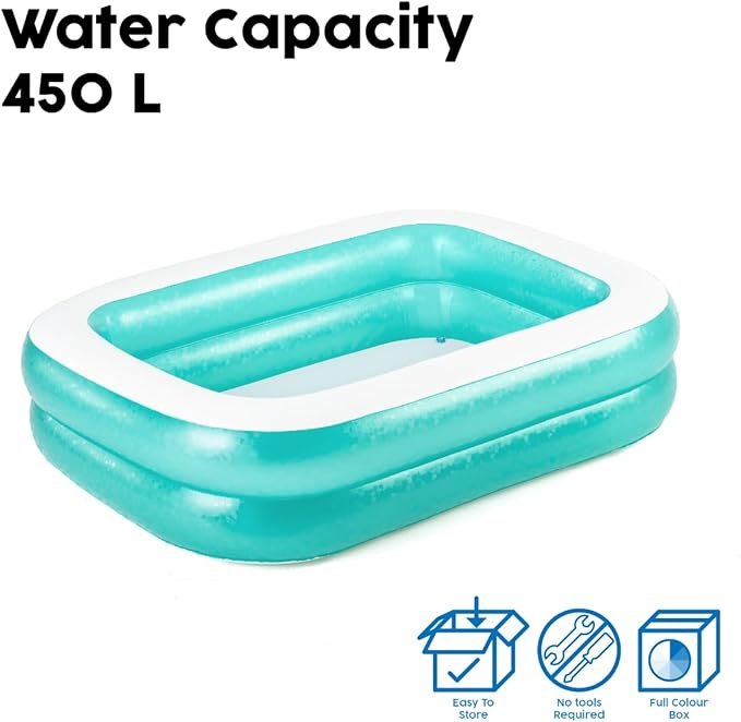 La piscine familiale rectangulaire Bestway Teal est fabriquée en vinyle durable et se gonfle rapidement.
