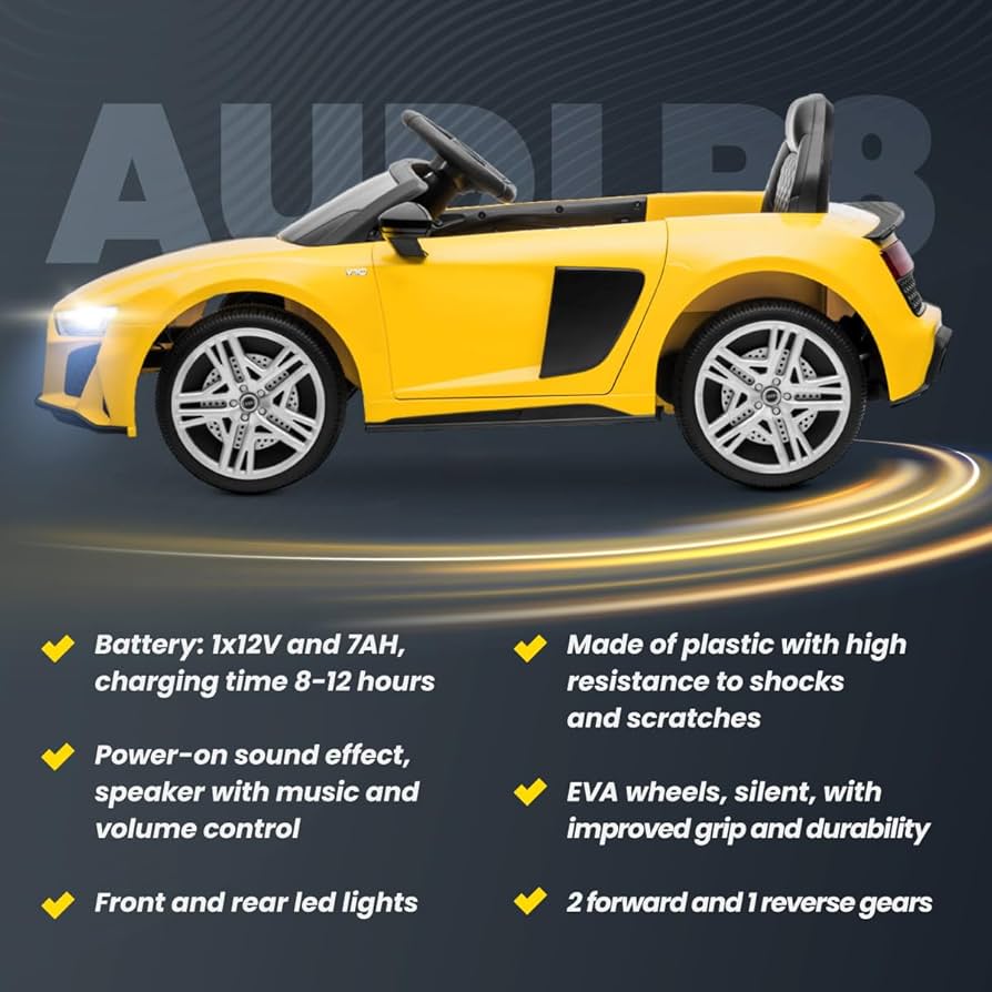 Voiture Électrique Audi R8 12V Jaune – Roues EVA, Lumières LED & Musique