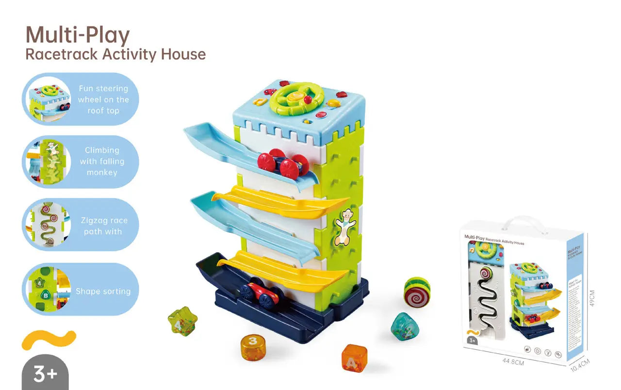 Tour Éducative 4-en-1 – Piste de Voitures, Volant Musical & Tri Formes (35 cm)