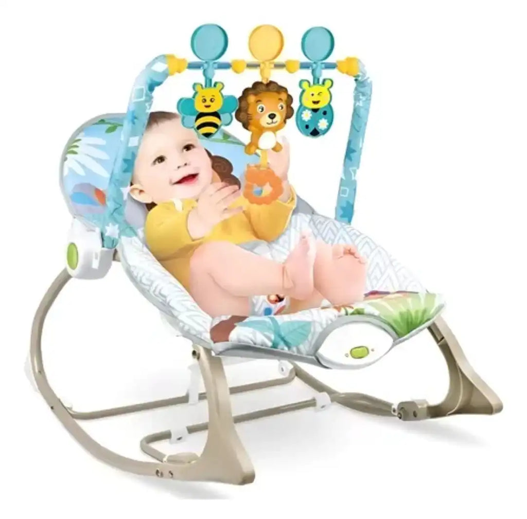 New Born branded Infant-to-Toddler Rocker featuring a lion toy bar and blue patterned fabric.