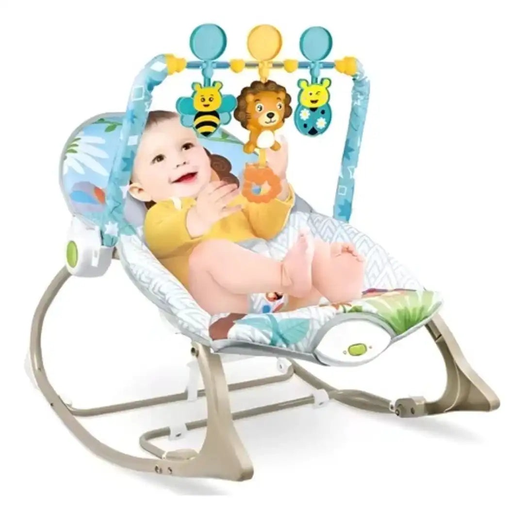 New Born branded Infant-to-Toddler Rocker featuring a lion toy bar and blue patterned fabric.