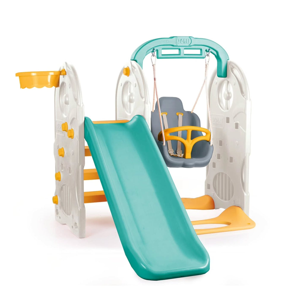 Cet ensemble de jeux de jardin DOLU 4 en 1 pour enfants comprend un toboggan bleu, une balançoire et une structure d'escalade aux couleurs vives.