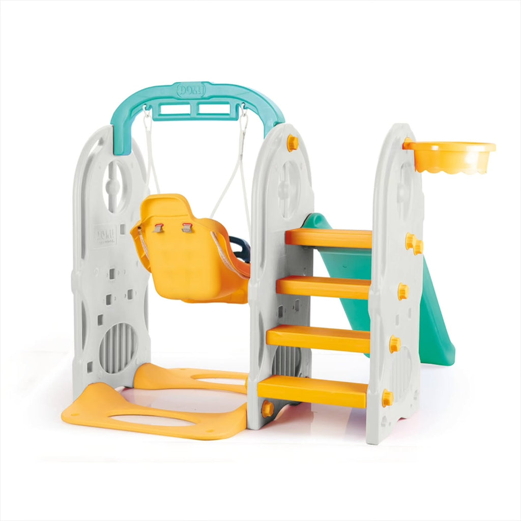 Cet ensemble de jeux de jardin DOLU 4 en 1 pour enfants comprend un toboggan bleu, une balançoire et une structure d'escalade aux couleurs vives.