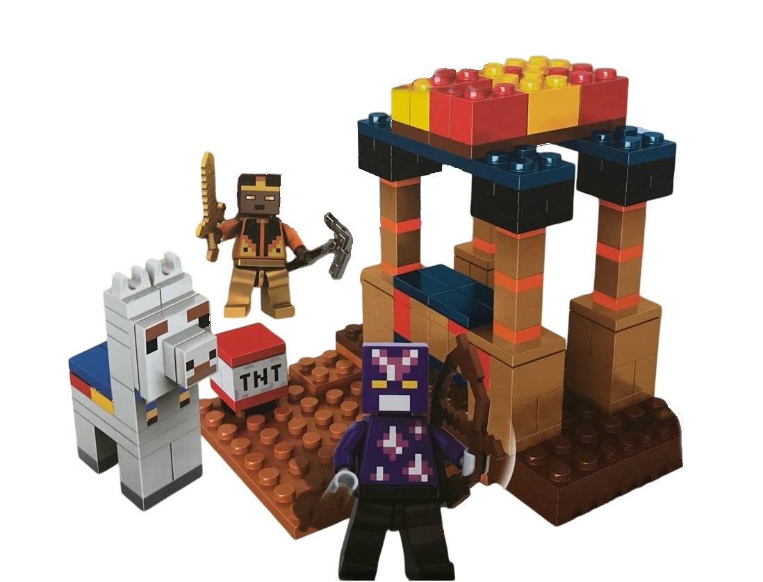 Minecraft construction set featuring characters and structures based on the game.The packaging indicates it includes 215+ pieces and is suitable for ages 6 and up.