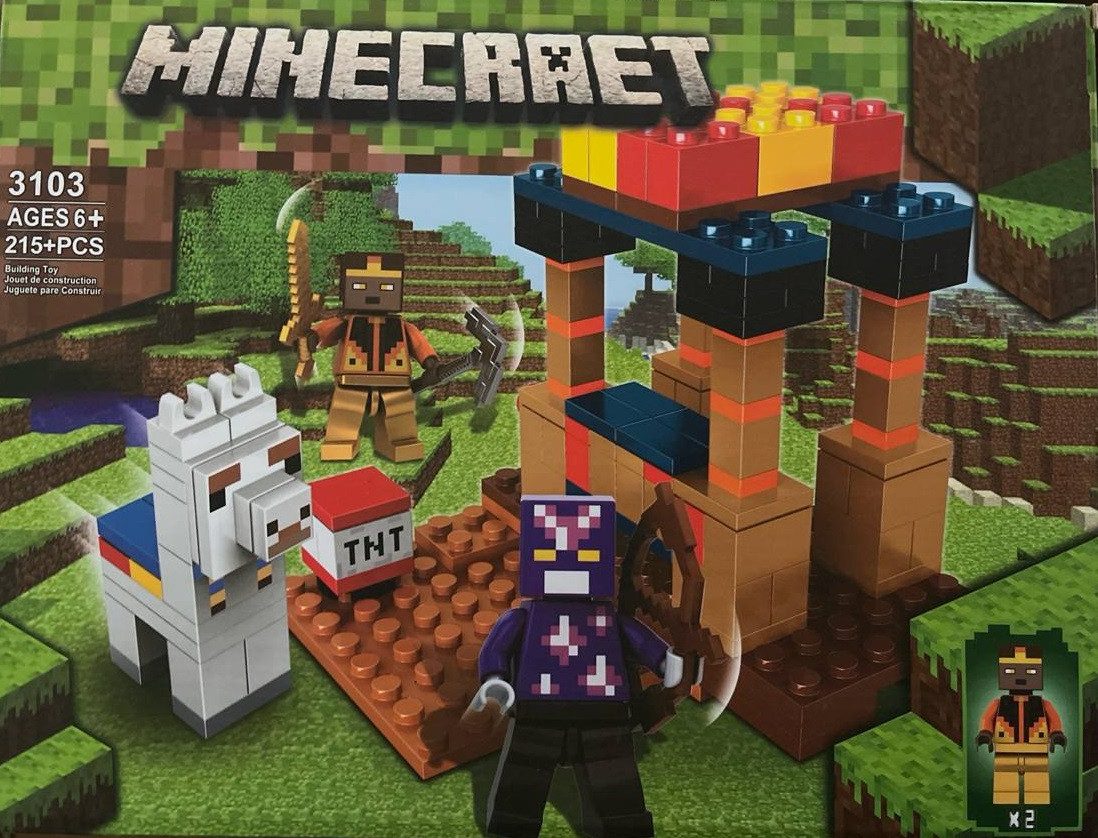 Minecraft construction set featuring characters and structures based on the game.The packaging indicates it includes 215+ pieces and is suitable for ages 6 and up.