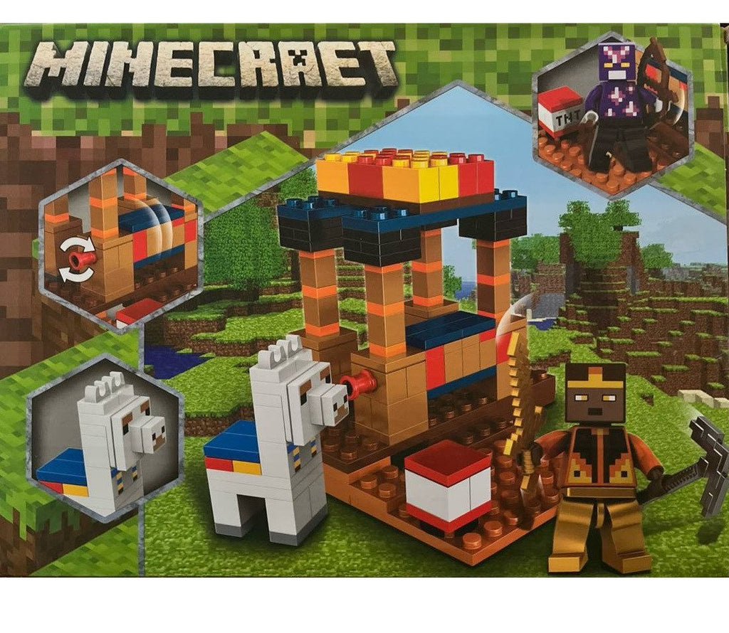 Minecraft construction set featuring characters and structures based on the game.The packaging indicates it includes 215+ pieces and is suitable for ages 6 and up.