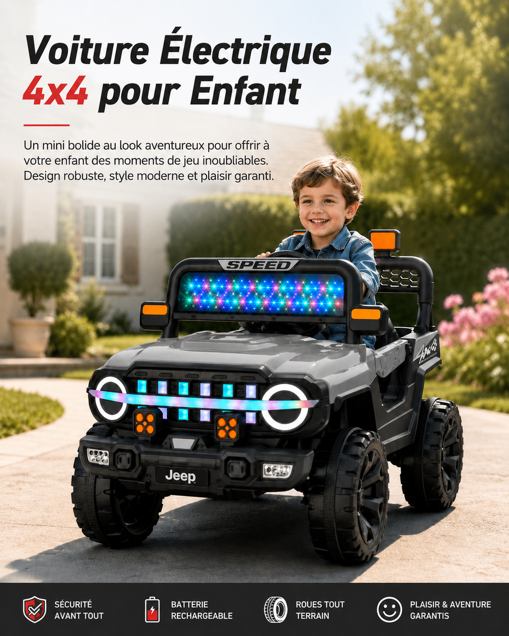 Voiture Électrique 4x4 Enfant Grise – Tout-Terrain avec Lumières LED